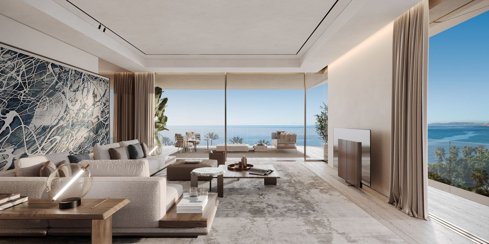 Luxe woonkamer met uitzicht op zee in Tyrian Residences.